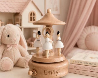 Personalized ballerina wooden carousel music box, Baby Shower Gift, Engraved Baby Name gift, Nursery Decor, Newborn Gift, 1st Birthday Gift