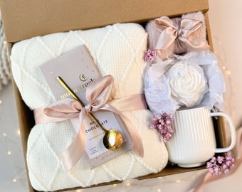 Cozy Self Care Gift Box: Throw Blanket, Mug, Socks & Candle