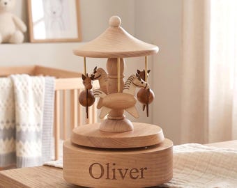 Luxury Wooden Carousel Music Box, Personalized Baby Name Gift, Elegant Nursery Decor, Baby Shower Gift, Wooden Nursery Decor, 1st Birthday