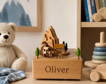 Personalized train wooden carousel music box, 1st Birthday Gift, Baby Shower Gift, Engraved Baby Name gift, Nursery Decor, Newborn Gift idea