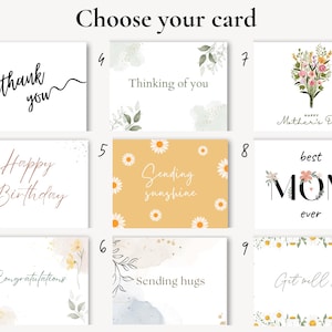 May include: A collection of nine greeting cards with various designs and messages. The cards include phrases like "Thank You," "Happy Birthday," "Congratulations," and "Get Well Soon." Floral and watercolor elements are present.