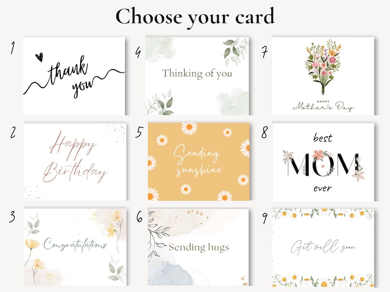 May include: A collection of nine greeting cards with various designs and messages. The cards include phrases like "Thank You," "Happy Birthday," "Congratulations," and "Get Well Soon." Floral and watercolor elements are present.