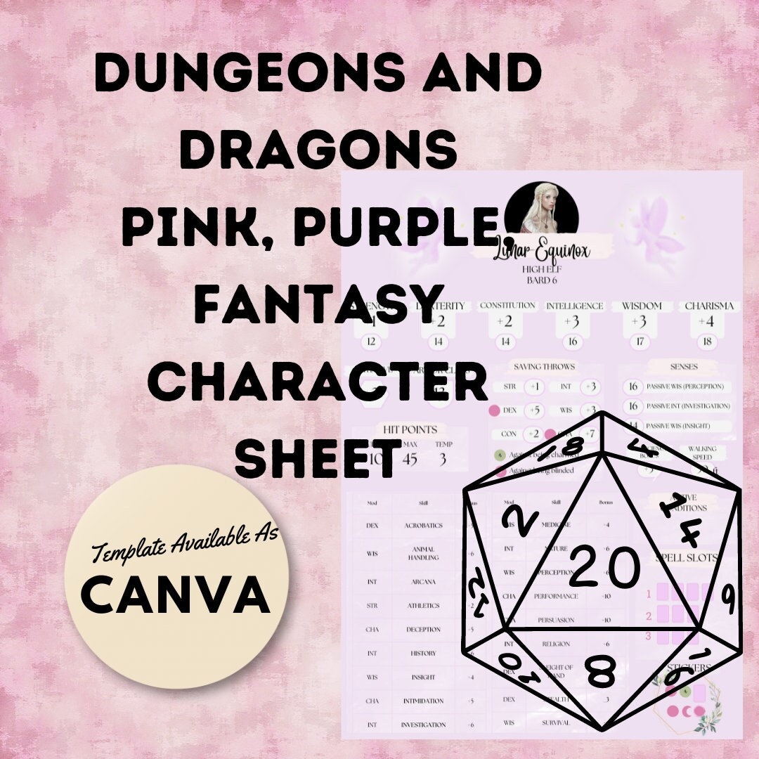 Dungeons and Dragons Character Sheet Template in Fantasy Pink Etsy