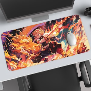 Epic Rengoku Fiery Fury Fanart Desk Mat, Kyojuro Rengoku Deskmat for Gamers, XXL Extended Demon Slayer Rengoku Fanart Deskmat