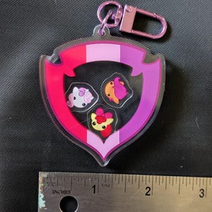 Puede incluir: Llavero acr&iacute;lico transparente con un dise&ntilde;o de escudo con los colores de la bandera del orgullo l&eacute;sbico: rosa, rojo y morado. El escudo tiene tres amuletos de animales de dibujos animados en su interior. El llavero mide unos 6,35 cm de largo.