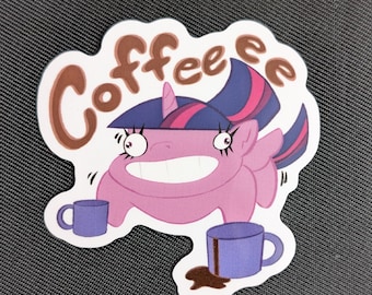 Hyper Twilight Sparkle Coffee “Coffeeee” Sticker – 2" Vinyl MLP Fan Art