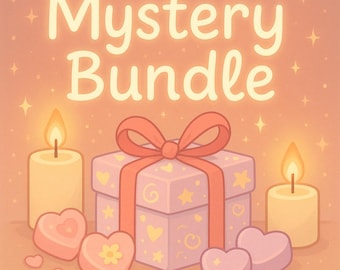 May include: A pink gift box with a red ribbon and a star pattern, surrounded by heart-shaped candies and two lit candles. The text "Mystery Bundle" is displayed above the box.