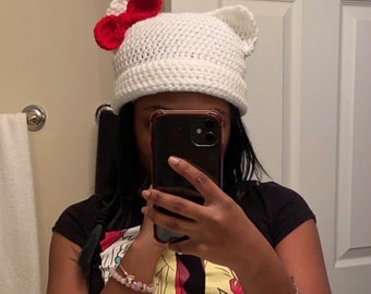 Crochet Cat Ear Beanie with Bow