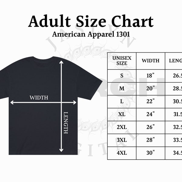 Instant Download 1301 American Apparel Size Chart, Unisex Classic Tee, Heavyweight Cotton Unisex T-Shirt