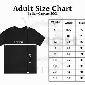Instant Download 3001 Bella Canvas Size Chart, Unisex Jersey Short Sleeve Tee