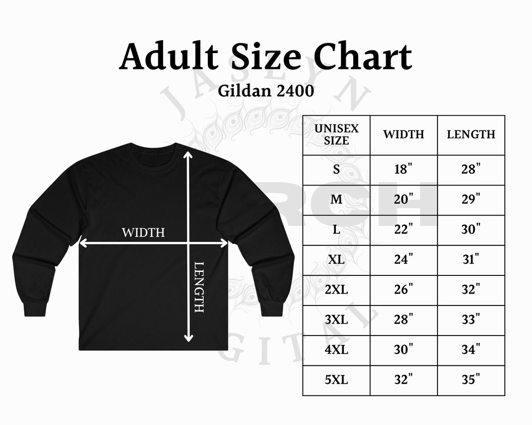 Instant Download 2400 Gildan Size Chart, Adult Long Sleeve Tshirt