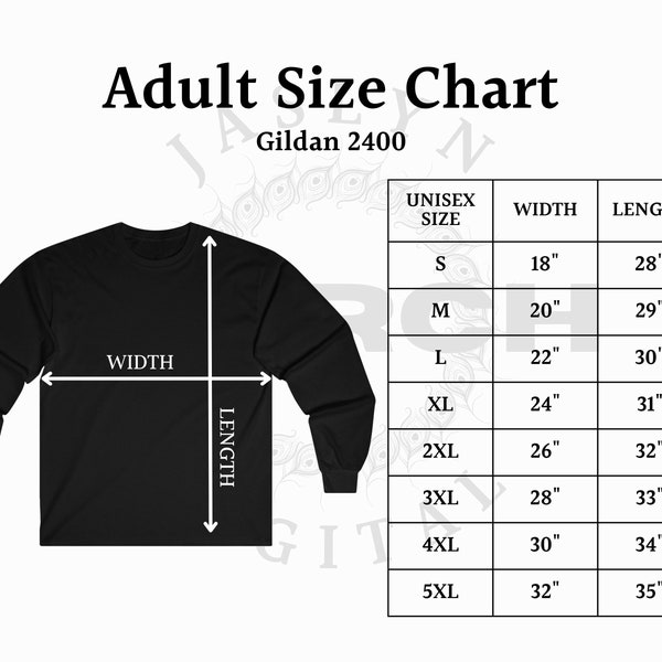 Instant Download 2400 Gildan Size Chart, Adult Long Sleeve T-Shirt, Ultra Cotton Long Sleeve Tee