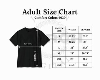 Instant Download 6030 Comfort Colors Size Chart, Unisex Garment-Dyed Pocket T-Shirt, Heavyweight Adult Pocket T-Shirt