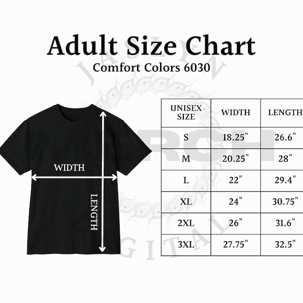 Instant Download 6030 Comfort Colors Size Chart, Unisex Garment-Dyed Pocket T-Shirt, Heavyweight Adult Pocket T-Shirt