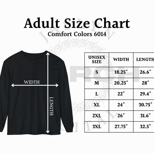 Instant Download 6014 Comfort Colors Size Chart, Heavyweight Adult Long Sleeve T-Shirt, Unisex Garment-Dyed Long Sleeve T-Shirt