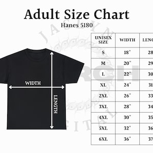 Instant Download 5180 Hanes Size Chart, Beefy-T® Short-Sleeve T-Shirt, Unisex Crewneck T-Shirt