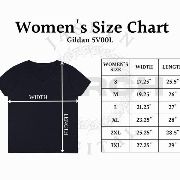 Instant Download 5V00L Gildan Size Chart, Women's V-Neck T-Shirt