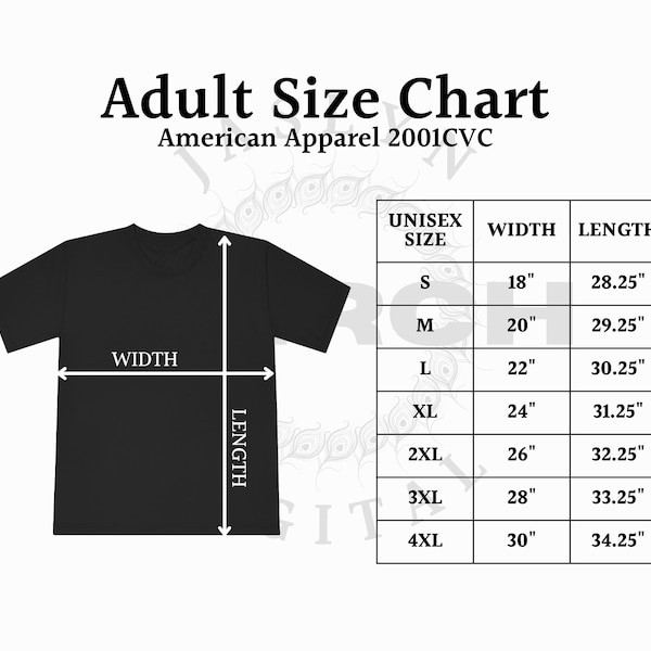 Instant Download 2001CVC American Apparel Size Chart, CVC Unisex T-Shirt, AA 2001CVC