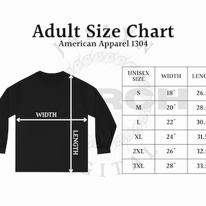 Instant Download 1304 American Apparel Size Chart, Unisex Classic Long Sleeve T-Shirt, Heavyweight Cotton Unisex Long Sleeve Tee