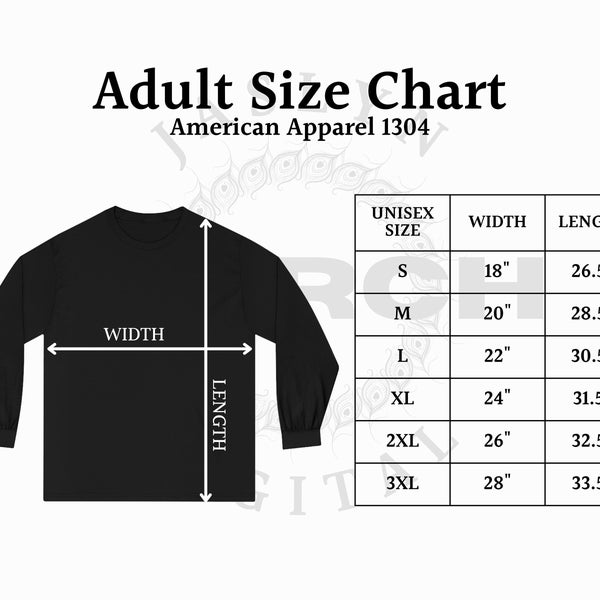 Instant Download 1304 American Apparel Size Chart, Unisex Classic Long Sleeve T-Shirt, Heavyweight Cotton Unisex Long Sleeve Tee