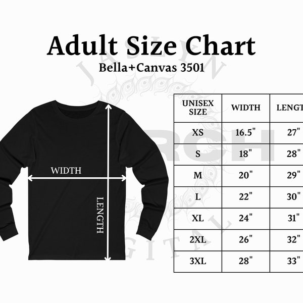 Instant Download 3501 Bella Canvas Size Chart, Unisex Jersey Long Sleeve Tee