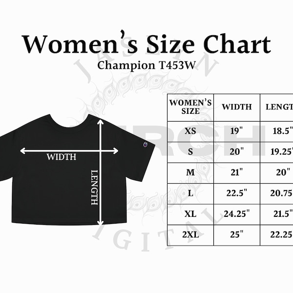 Instant Download T453W Champion Size Chart, Women's Heritage Cropped T-Shirt
