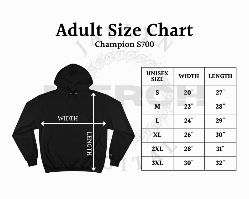 Instant Download S700 Champion Hooded Sweatshirt Hoodie Size Chart - Etsy