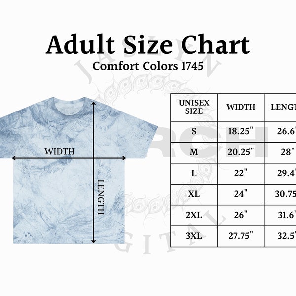 Instant Download 1745 Comfort Colors Size Chart, Unisex Heavyweight Color Blast Adult Tie-Dye T-Shirt
