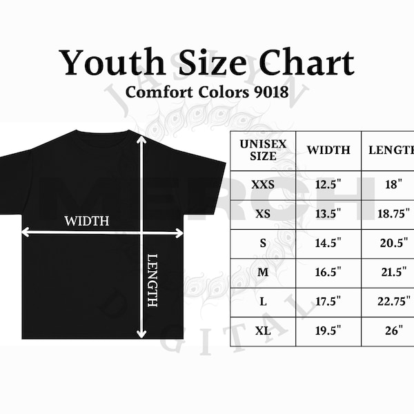 Instant Download 9018 Comfort Colors Size Chart, Unisex Short Sleeve T Shirt, Youth Midweight Tee, Heavyweight Youth T-Shirt