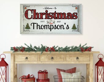 Welcome to Christmas at the Sign Personalized Custom Family Name Sign Modern Farmhouse Wall Decor Holiday Art Canvas Print Decorations