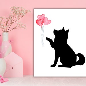Puppy Canvas Wall Art: Black Silhouette with Heart Balloons