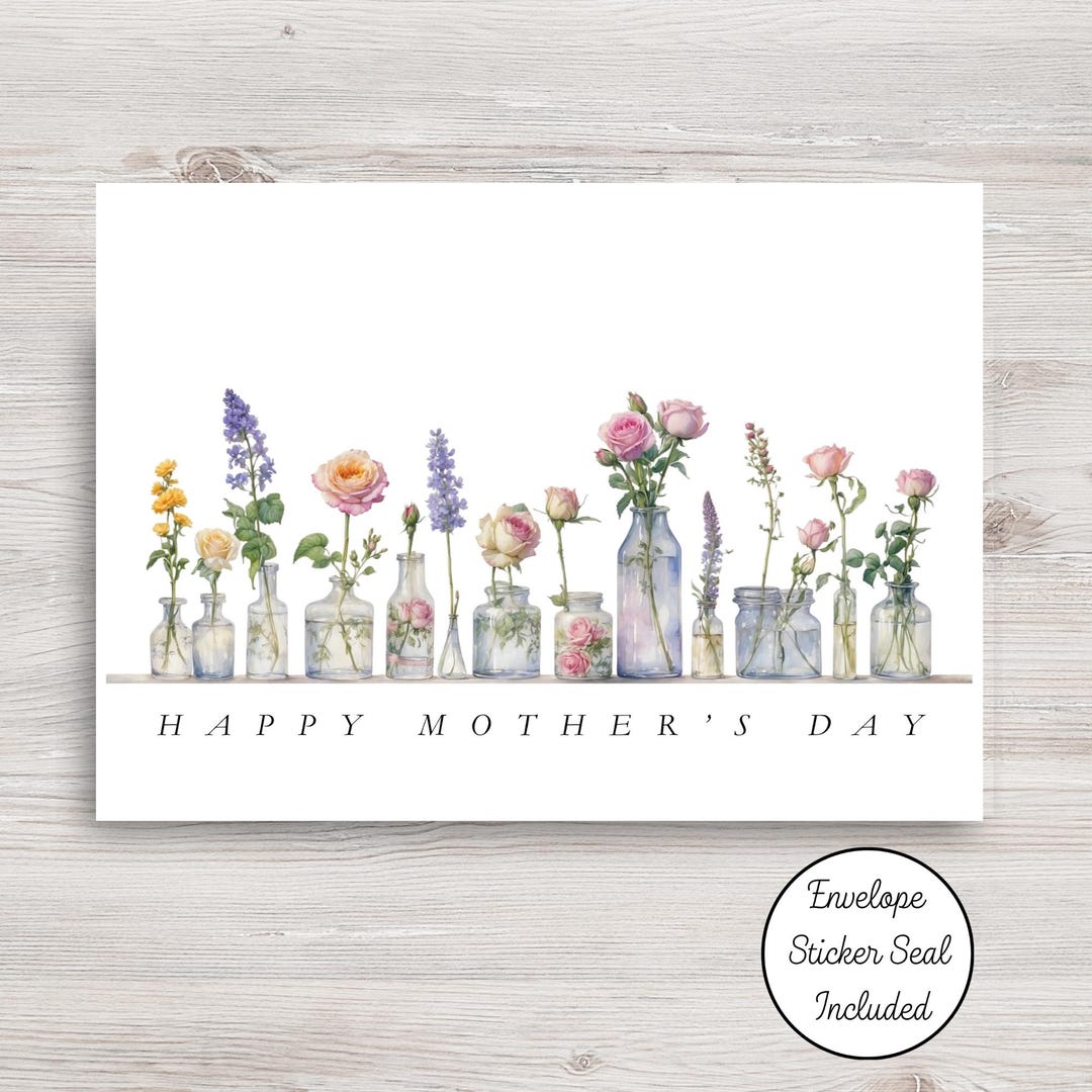 Floral Mother's Day Card – Watercolor Vintage Bottles With Roses and ...