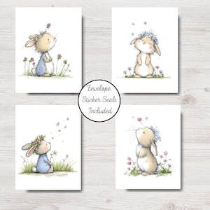 Watercolor Bunny Card Set – Spring Easter Note Cards- Envelope Sticker Seals Included