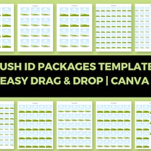 May include: Ten printable templates for creating rush ID packages. Each template features a grid of 36 square photo frames with a green and blue landscape design. The text "RUSH ID PACKAGES TEMPLATE EASY DRAG & DROP | CANVA" is displayed at the bottom of the image.