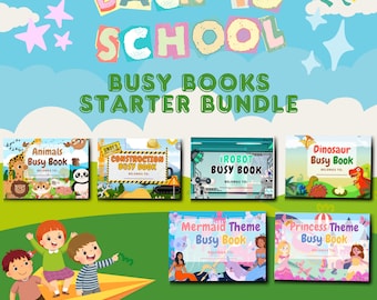 Könnte beinhalten: Ein Set aus sechs bunten, druckbaren Beschäftigungsbüchern für Kinder. Die Bücher haben Themen wie Tiere, Bauen, Roboter, Dinosaurier, Meerjungfrauen und Prinzessinnen. Die Bücher sind so konzipiert, dass sie für junge Lernende interaktiv und fesselnd sind.