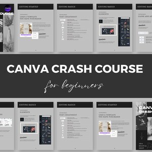 Puede incluir: Una guía Canva Crash Course para principiantes con una imagen en blanco y negro de un portátil y una planta en la portada. La guía incluye secciones sobre cómo empezar, los conceptos básicos de edición y los elementos. La guía está diseñada para ayudar a las personas a aprender a usar Canva.