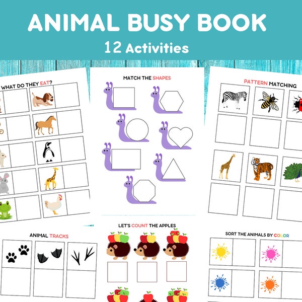 Animal busy book for kids, toddlers, preschoolers, printable, educational activities, learning bundle