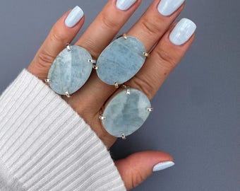 Genuine Aquamarine Oval Cabochon Adjustable Statement Ring, Aquamarine Oval Ring, Aquamarine Gem Ring, Natural Aquamarine Adjustable Ring
