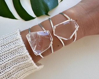 Faceted Freeform Natural Crystal Quartz Adjustable Statement Cuff Bracelet, Natural Freeform Crystal Gemstone Slice Fashion Cuff Bracelet