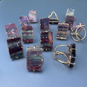 Rainbow Fluorite Baguette Adjustable Statement Ring, Natural Fluorite Rectangle Cabochon Adjustable Cocktail Ring, Large Gold Fluorite Ring