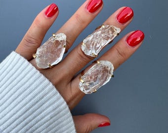 Brazilian Clear Quartz Raw Cocktail Statement Ring Adjustable Natural Crystal Quartz Gemstone Ring 18K Gold Plated Jewelry