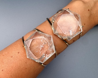 Medium Crystal Quartz Faceted Hexagon Statement Cuff Bracelet, Genuine Brazilian Crystal Gem Hexagon Cabochon Adjustable Cuff Bracelet