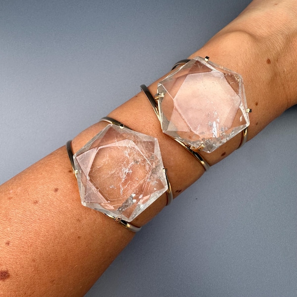Medium Crystal Quartz Faceted Hexagon Statement Cuff Bracelet, Genuine Brazilian Crystal Gem Hexagon Cabochon Adjustable Cuff Bracelet