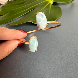 May include: A gold bangle bracelet with two oval-shaped blue and white gemstone accents.