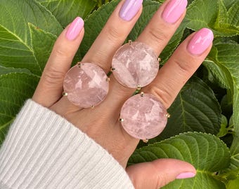 Natural Brazilian Rose Quartz Round Cabochon Adjustable Statement Ring 18K Gold Plated Genuine Pink Crystal Natural Gemstone Jewelry