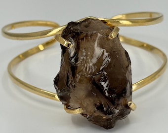 Raw Smokey Quartz Cuff Bracelet, Statement Bracelet, Wire Cuff Bracelet, Gold Brass Bracelet