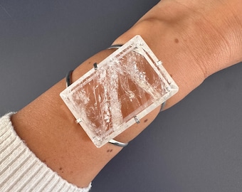 Large Genuine Crystal Quartz Rectangle Faceted Cabochon Adjustable Cuff Bracelet, Natural Crystal Gemstone Large Cuff Statement Bracelet