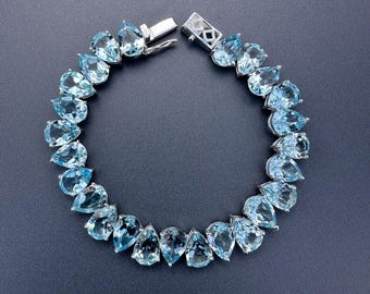 Blue Topaz Teardrop Cut 925 Sterling Silver Tennis Bracelet, Semi Precious Gemstone Bracelet, Genuine Blue Topaz Pear Shaped Stones Bracelet