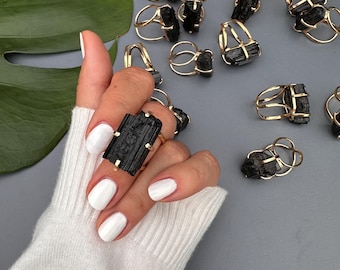 Raw Black Tourmaline Bar Adjustable Statement Ring 18K Gold Plated Natural Crystal Schorl Bold Chunky Gemstone Black Stone Jewelry