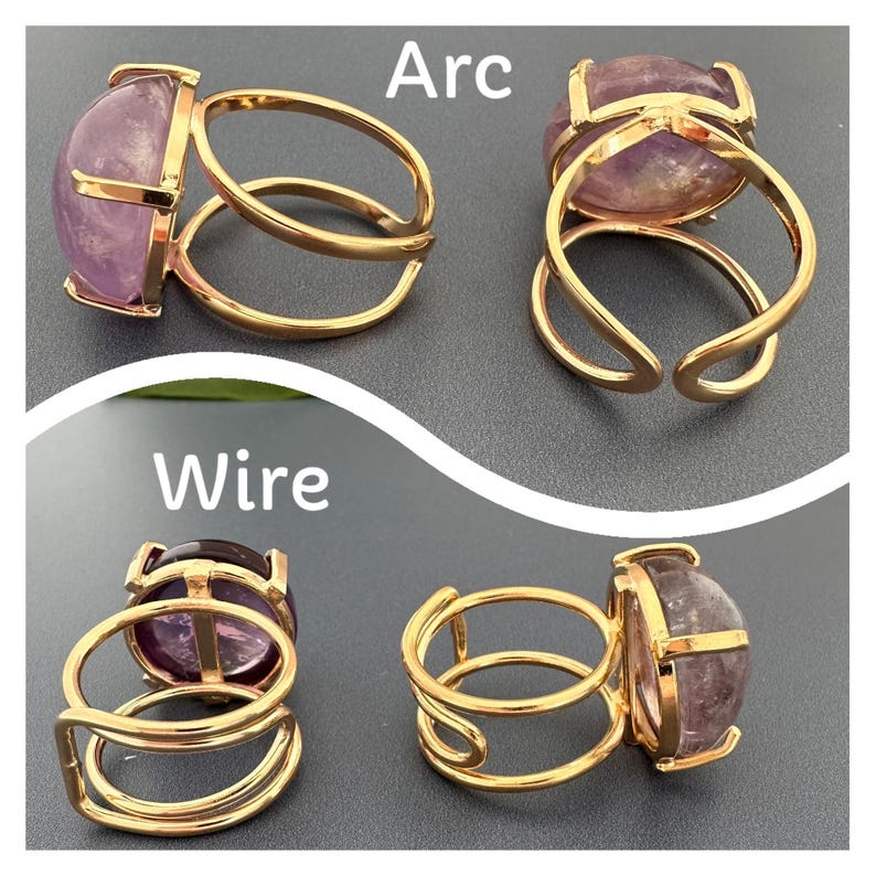 May include: Two gold rings with a purple amethyst stone. The rings are shown from different angles, with the text "Arc" and "Wire" above them.
